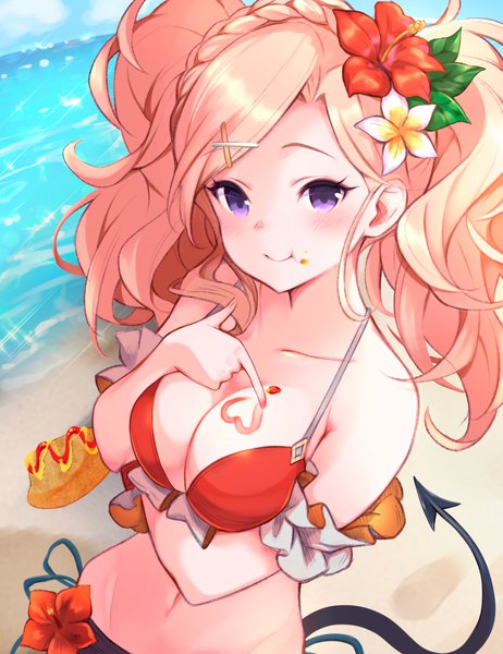 Anime picture 1000x1300 with granblue fantasy amira (shingeki no bahamut) pilokey single long hair tall image blush breasts light erotic blonde hair large breasts purple eyes twintails tail hair flower from above beach breast hold food on face girl