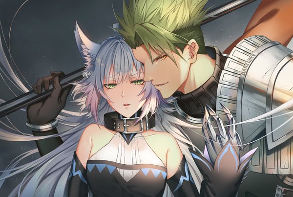 Anime picture 1000x672 with fate (series) fate/grand order atalanta (fate) atalanta (alter) (fate) achilles (fate) darkavey long hair looking at viewer short hair bare shoulders green eyes signed animal ears yellow eyes silver hair green hair girl boy armor collar