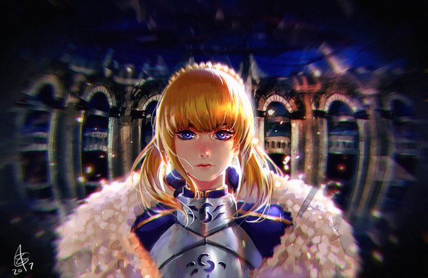 Anime picture 1600x1041 with fate (series) fate/stay night artoria pendragon (all) saber xxreiixx single looking at viewer fringe short hair blonde hair purple eyes signed payot upper body blunt bangs wind 2017 girl armor