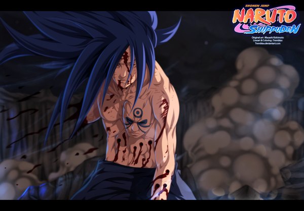 Anime picture 1500x1045 with naruto studio pierrot naruto (series) uchiha madara tremblax single long hair black hair cloud (clouds) eyes closed inscription night tattoo coloring letterboxed smoke muscle boy blood