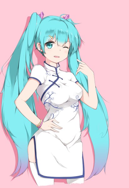 Anime picture 2031x2952 with vocaloid hatsune miku somen single long hair tall image looking at viewer fringe highres open mouth simple background twintails ahoge traditional clothes one eye closed aqua eyes aqua hair hand on hip chinese clothes side slit