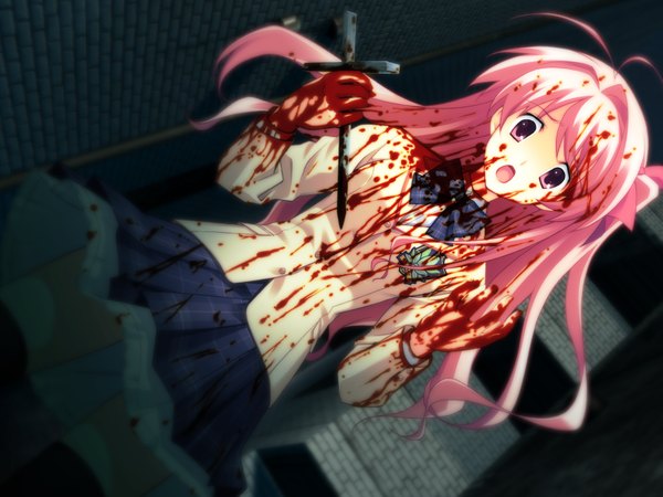 Anime picture 1605x1204 with chaos;head sakihata rimi thighhighs skirt serafuku blood