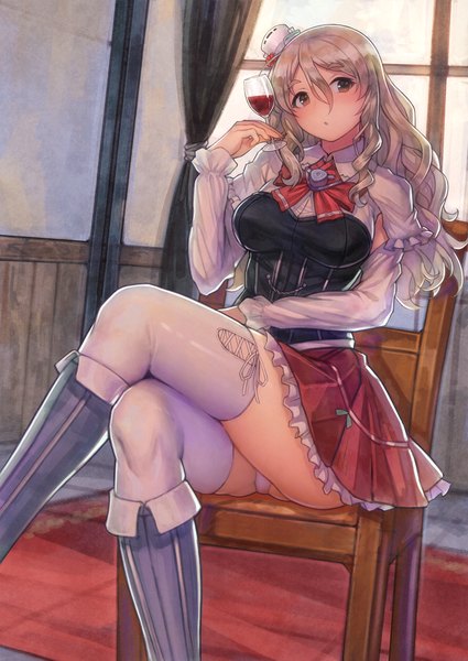 Anime picture 725x1023 with kantai collection pola (kantai collection) urokoda single long hair tall image blush fringe breasts open mouth light erotic hair between eyes brown hair sitting brown eyes looking away pantyshot crossed legs wavy hair pantyshot sitting