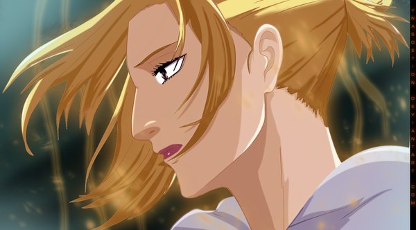 Anime picture 1024x567 with shingeki no kyojin production i.g annie leonhart iitheluciferii single short hair blonde hair wide image brown eyes signed looking away profile wind lipstick coloring sad girl