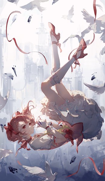 Anime picture 3489x5997 with mahou shoujo madoka magica shaft (studio) kaname madoka celina single tall image highres short hair red eyes twintails pink hair absurdres full body high heels short twintails upside down magical girl falling girl gloves