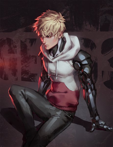Anime picture 771x1000 with one-punch man madhouse genos jurikoi single tall image looking at viewer fringe short hair blonde hair yellow eyes messy hair superhero boy hood hoodie clothes cyborg