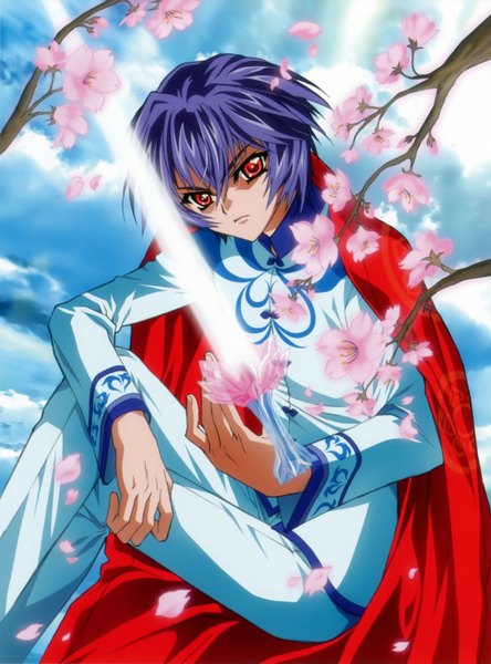 Аниме картинка 1112x1500 с тока гэттан kamiazuma touka nishida asako один (одна) высокое изображение короткие волосы красные глаза синие волосы цветущая вишня мужчина цветок (цветы) лепестки меч плащ
