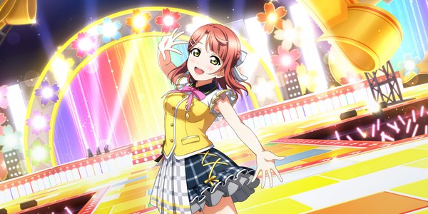 Anime picture 3600x1800 with love live! nijigasaki high school idol club sunrise (studio) love live! uehara ayumu single looking at viewer blush fringe highres short hair open mouth smile wide image standing green eyes :d arm up orange hair official art short sleeves
