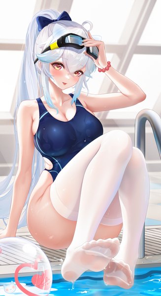 Anime picture 3920x7182 with original yile (liu liaoliao) liu liaoliao single long hair tall image looking at viewer blush fringe highres breasts light erotic hair between eyes large breasts payot absurdres cleavage silver hair full body bent knee (knees)