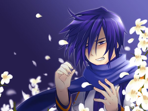 Anime picture 1280x960 with vocaloid kaito (vocaloid) caffein single purple eyes purple hair wallpaper boy flower (flowers) scarf