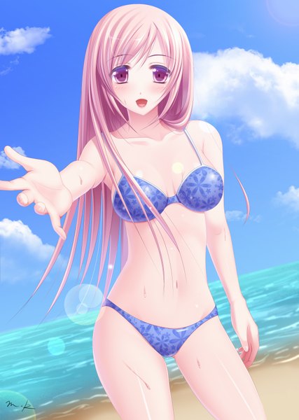 Anime picture 2493x3504 with original minazuki ryou single long hair tall image looking at viewer blush highres open mouth signed pink hair sky cloud (clouds) :d pink eyes beach lens flare outstretched hand girl navel