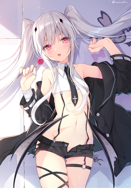 Anime picture 839x1200 with original rurudo single long hair tall image looking at viewer blush fringe open mouth light erotic hair between eyes standing twintails bare shoulders signed payot silver hair head tilt off shoulder open jacket