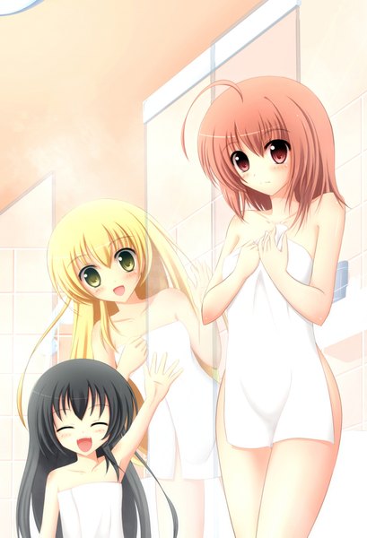 Anime picture 1344x1973 with papa no iu koto wo kikinasai! takanashi sora takanashi miu takanashi hina angel koman long hair tall image short hair open mouth light erotic black hair blonde hair red eyes brown hair multiple girls green eyes ahoge eyes closed loli covering