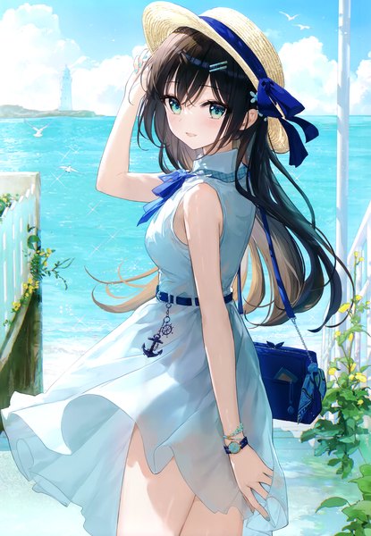 Anime picture 2405x3475 with original fuumi (radial engine) single long hair tall image looking at viewer blush fringe highres open mouth black hair smile standing green eyes sky cloud (clouds) outdoors :d arm up scan