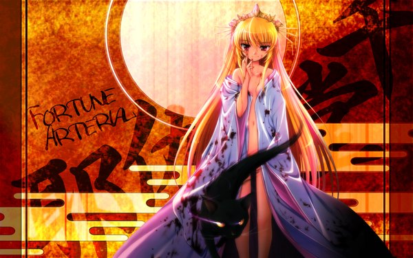 Anime picture 1920x1200 with fortune arterial august soft sendou kaya bekkankou long hair highres light erotic blonde hair red eyes wide image japanese clothes vampire blood cat
