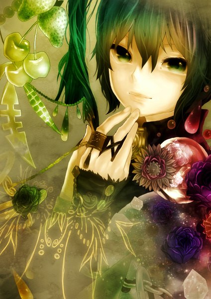 Anime picture 1000x1414 with vocaloid hatsune miku akashio yuki single tall image looking at viewer smile green eyes green hair light smile girl flower (flowers) food rose (roses) fruit berry (berries) apple strawberry blue rose
