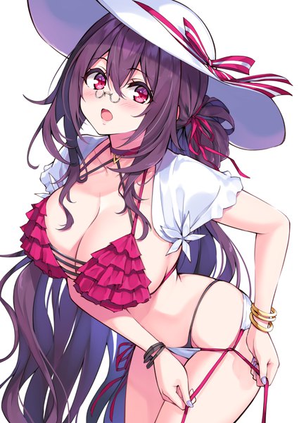 Anime picture 708x1000 with cu-no kokonoe tamaki hisenkaede single long hair tall image fringe breasts open mouth light erotic simple background hair between eyes red eyes large breasts standing white background payot looking away cleavage purple hair