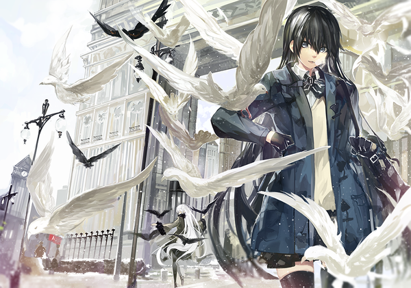 Anime picture 1000x703 with original saberiii long hair looking at viewer blue eyes black hair multiple girls white hair very long hair city snowing winter snow exhalation bird on hand girl thighhighs gloves black thighhighs 2 girls