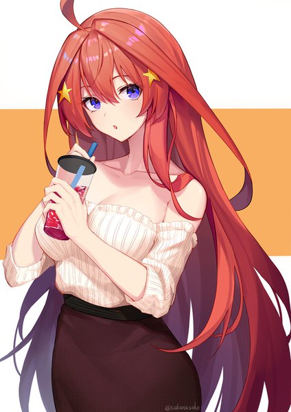 Anime picture 636x900 with go-toubun no hanayome nakano itsuki sakanasoko single long hair tall image looking at viewer blush fringe breasts open mouth blue eyes simple background holding signed cleavage ahoge red hair off shoulder :o