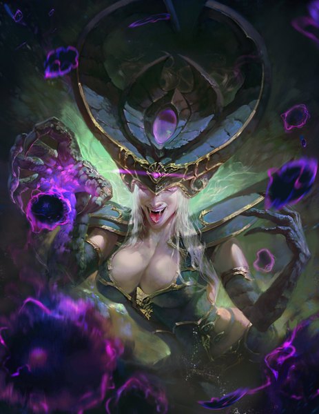 Anime-Bild 1024x1325 mit league of legends syndra xiaobotong single long hair tall image breasts open mouth light erotic cleavage white hair pink eyes teeth fang (fangs) magic glowing fantasy girl gloves black gloves