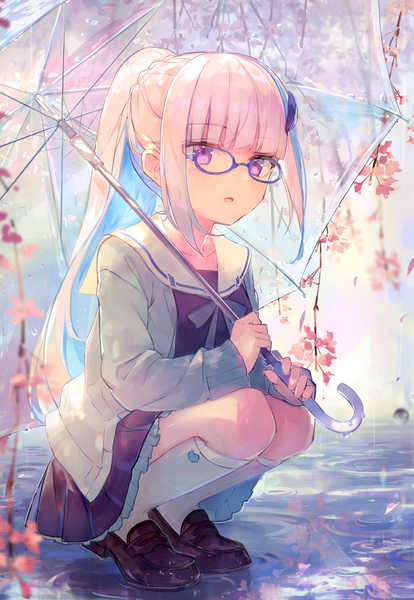 Anime picture 1437x2084 with virtual youtuber nijisanji lize helesta lize helesta (4th costume) t6 ti single long hair tall image looking at viewer blush fringe open mouth purple eyes holding payot pink hair full body bent knee (knees) outdoors ponytail