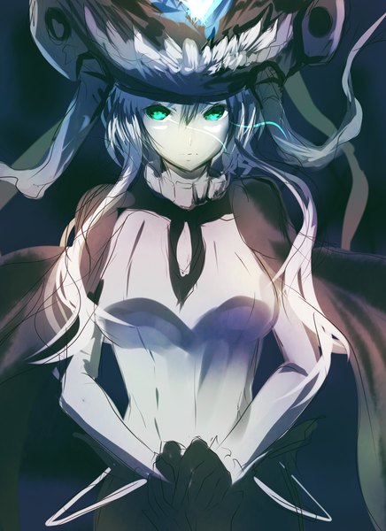 Anime picture 955x1313 with kantai collection wo-class aircraft carrier hizagawa rau tall image looking at viewer short hair breasts standing white hair aqua eyes dark background shinkaisei-kan girl gloves black gloves cloak tentacles