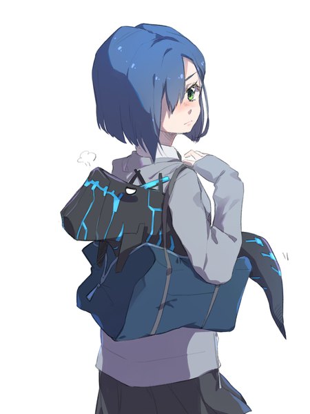 Anime picture 1536x2048 with darling in the franxx studio trigger ichigo (darling in the franxx) kross single tall image looking at viewer blush fringe short hair simple background white background green eyes blue hair looking back hair over one eye girl uniform school uniform school bag