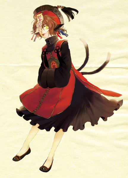 Anime picture 1323x1840 with demon's souls touhou dark souls (series) from software chen sugi (artist) single tall image looking at viewer short hair simple background brown hair animal ears yellow eyes cat ears cat tail multiple tails yellow background yin yang zombie