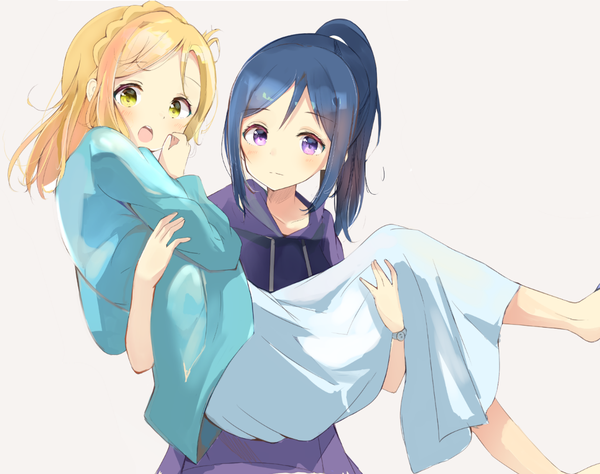 Anime picture 1205x952 with love live! sunshine!! sunrise (studio) love live! matsuura kanan ohara mari sunya (honorin-yuunibo) long hair looking at viewer blush fringe open mouth simple background blonde hair standing purple eyes multiple girls yellow eyes payot blue hair ponytail