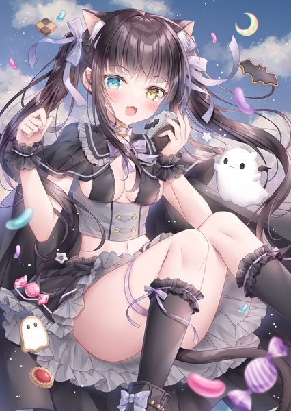 Anime picture 1000x1407 with original kohinata hoshimi single long hair tall image blush breasts open mouth light erotic black hair twintails animal ears sky cloud (clouds) tail :d animal tail cat ears cat girl cat tail