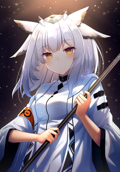 Anime picture 1000x1433 with arknights ptilopsis (arknights) bencao gangmu (anquan sy) single long hair tall image looking at viewer blush fringe standing holding animal ears yellow eyes silver hair upper body blunt bangs long sleeves traditional clothes japanese clothes arm up