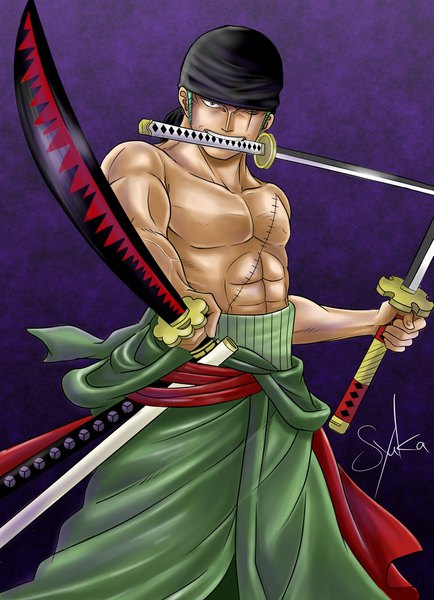 Anime-Bild 1433x1980 mit one piece toei animation roronoa zoro one syuka single tall image looking at viewer short hair simple background standing holding signed one eye closed green hair mouth hold scar topless muscle dual wielding purple background