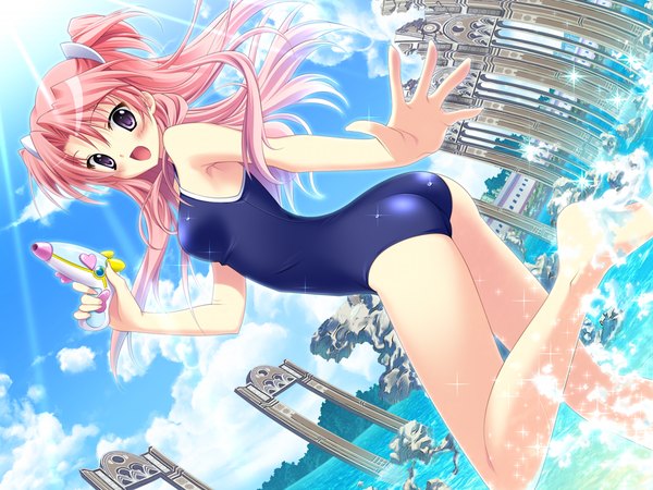Anime picture 1024x768 with a.g.ii.d.c. mina pram hellsing long hair blush open mouth light erotic purple eyes pink hair game cg girl swimsuit