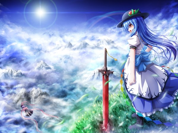 Anime picture 1200x900 with touhou hinanawi tenshi nagae iku akashio (loli ace) long hair open mouth red eyes standing multiple girls blue hair sky cloud (clouds) full body outdoors short sleeves looking down mountain girl dress bow