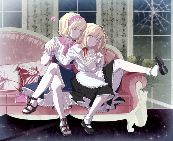 Anime picture 1300x1064 with touhou kirisame marisa alice margatroid long hair short hair blonde hair red eyes multiple girls holding hands shoujo ai girl dress 2 girls heart hairband couch spider web