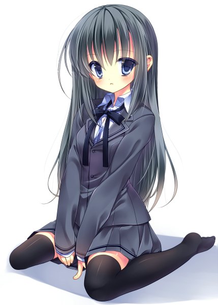 Anime picture 859x1200 with original nametakenoko single long hair tall image blush blue eyes black hair simple background white background girl thighhighs uniform black thighhighs school uniform