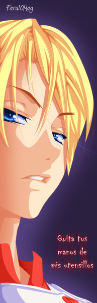 Anime picture 1000x3104 with shokugeki no soma j.c. staff takumi aldini facu10mag single tall image looking at viewer short hair blue eyes blonde hair signed inscription text portrait english boy