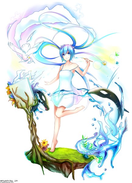 Anime picture 2000x2770 with original jurrig single long hair tall image looking at viewer highres simple background white background twintails blue hair multicolored hair barefoot bare legs girl dress animal water bird (birds) sundress