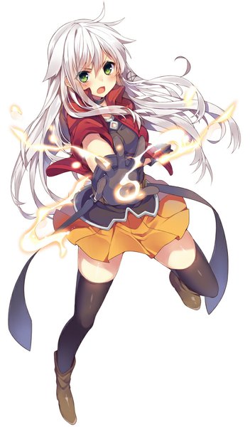 Anime picture 600x1022 with original mishima kurone single long hair tall image blush open mouth simple background white background green eyes white hair pleated skirt magic girl thighhighs skirt gloves black thighhighs