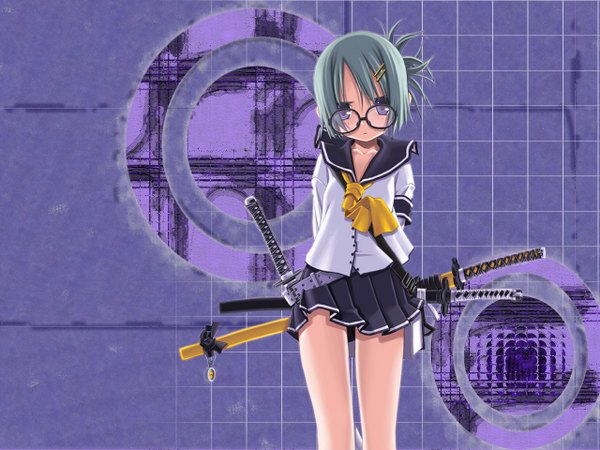 Anime picture 1280x960 with short hair blue eyes green hair skirt uniform sword glasses serafuku katana