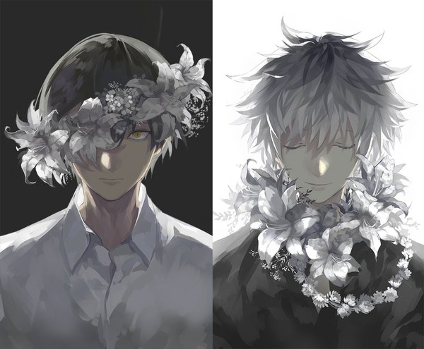 Anime picture 1045x863 with yamakawa looking at viewer fringe short hair black hair simple background smile white background yellow eyes eyes closed grey hair multiple boys black background covering covering eye (eyes) flower over eye boy flower (flowers) shirt white shirt