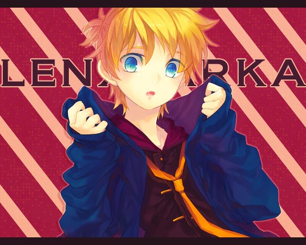 Anime picture 1280x1024 with vocaloid kagamine len renta (deja-vu) single short hair open mouth blue eyes blonde hair ponytail character names letterboxed striped background adjusting hood boy necktie hood hoodie