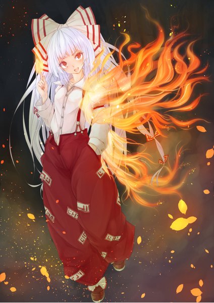Anime picture 1000x1415 with touhou fujiwara no mokou maru-pen single tall image looking at viewer blush fringe open mouth red eyes white hair very long hair hand in pocket girl bow hair bow shirt fire suspenders flame