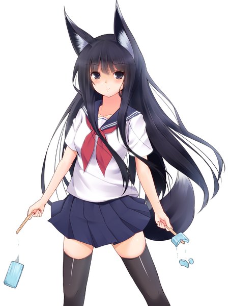 Anime picture 1200x1600 with original second heaven single long hair tall image black hair simple background white background animal ears animal tail black eyes cat ears cat tail girl thighhighs black thighhighs serafuku food sweets ice cream