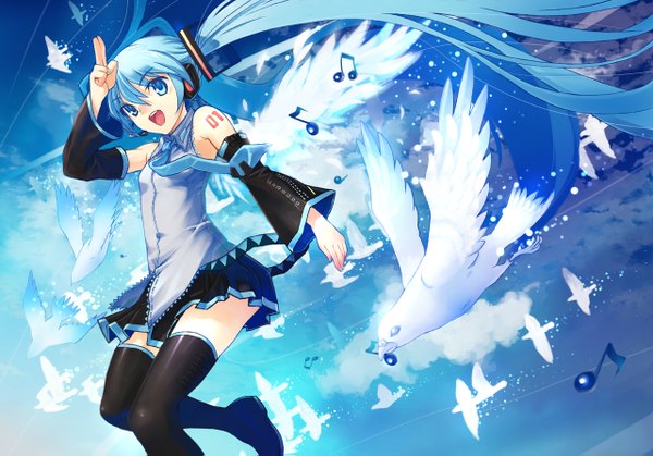 Anime picture 1280x895 with vocaloid hatsune miku hirokiku single open mouth blue eyes twintails blue hair very long hair zettai ryouiki angel wings flock girl thighhighs skirt black thighhighs detached sleeves miniskirt animal wings