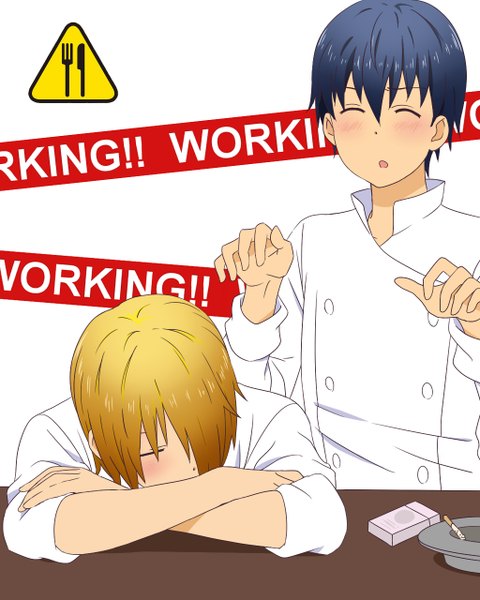 Anime picture 1024x1280 with working!! a-1 pictures satou jun souma hiroomi tall image blush fringe short hair open mouth simple background blonde hair white background blue hair eyes closed hair over one eye inscription multiple boys crossed arms sleeping chef