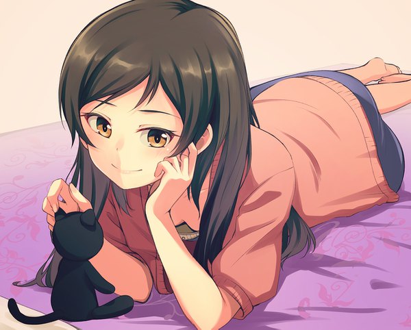 Anime picture 1280x1029 with idolmaster idolmaster million live! kitazawa shiho nanotsuki single long hair looking at viewer blush light erotic smile brown hair brown eyes full body lying barefoot open clothes on stomach hand on face girl toy