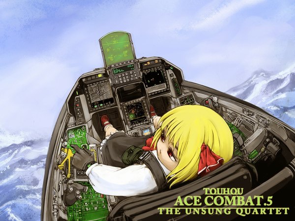 Anime picture 1024x768 with touhou ace combat rumia short hair blonde hair red eyes cockpit girl gloves ribbon (ribbons) hair ribbon cervus