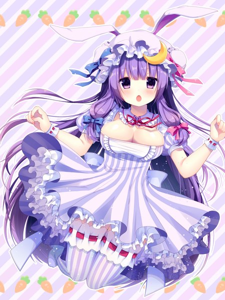 Anime picture 900x1200 with touhou patchouli knowledge shiika yuno single tall image looking at viewer blush fringe breasts open mouth light erotic large breasts purple eyes animal ears cleavage purple hair bent knee (knees) very long hair bunny ears alternate costume