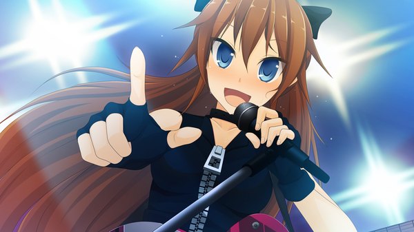 Anime picture 1280x720 with natsuiro asagao residence long hair blush open mouth blue eyes brown hair wide image game cg girl fingerless gloves microphone stand